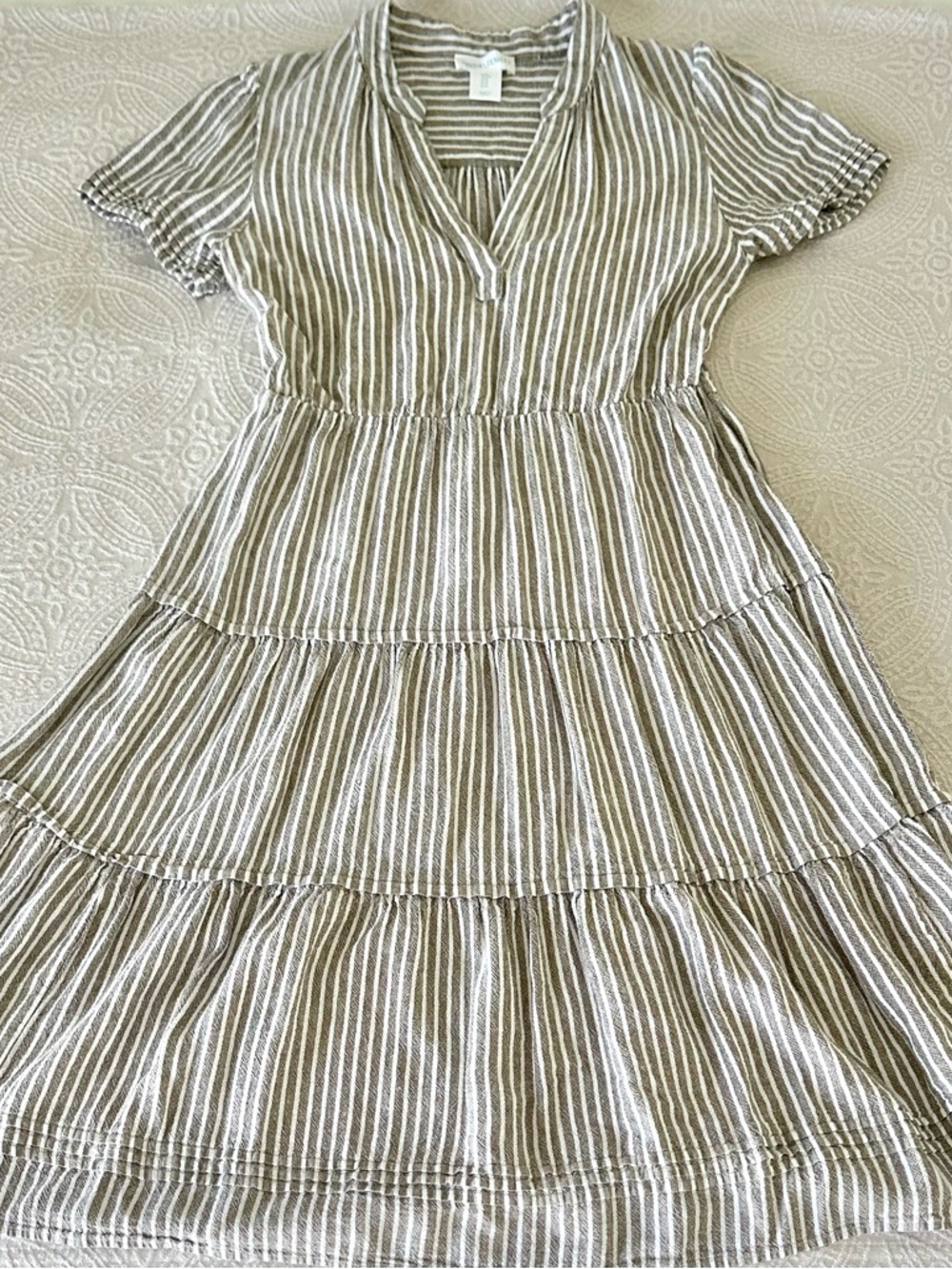 Cynthia Rowley Striped Tiered Midi Dress Linen Blend Taupe Brown Beige Medium
